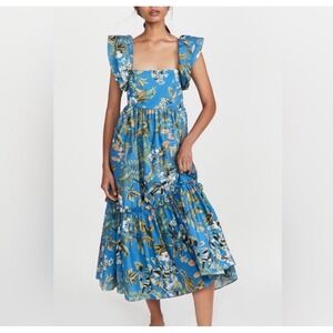 Rare Cara Cara Darby Blue Floral Flutter Sleeves Tiered Ruffle Midi Dress Size S